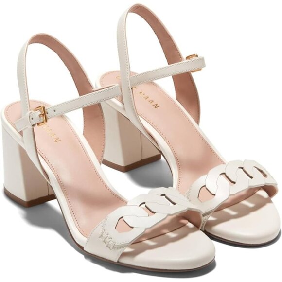 Cole Haan Josie Chain Sandals Sz 11B Cream Leather Ankle Strap Stacked Heel - Picture 1 of 14